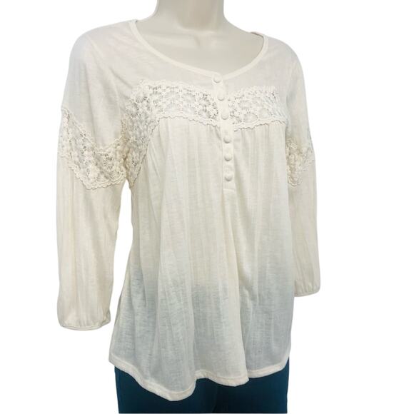 Cream Crochet Trim Henley Style Pop Over Top Scoop Neck Button Trim Loose fit - Picture 3 of 16